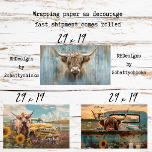 3 Highland Cow Charm Wrapping Paper for Decoupage