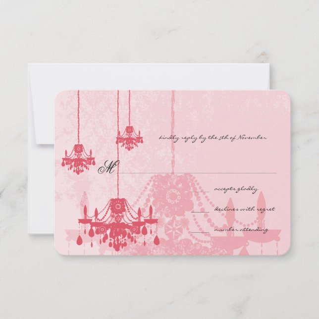 3 Honeysuckle Chandeliers Damask Wedding RSVP Card (Front)