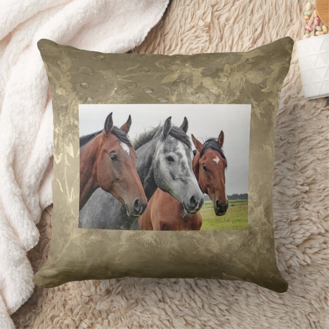 3 Horse Heads Throw Pillow Equestrians Made USA (Blanket)
