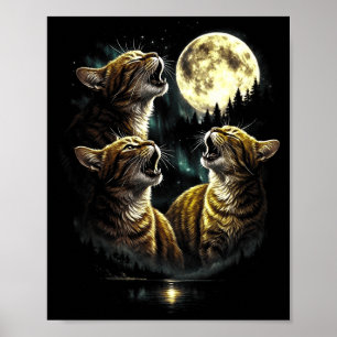 3 howling autumn cat at moon vintage funny 80s-90s poster