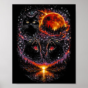 3 howling black cats lunar blood moon cosmic fores poster