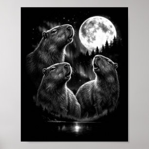 3 Howling Capybara Moon Vintage Retro Style Funny Poster