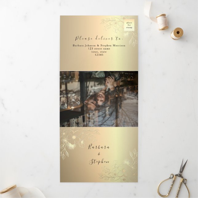 3 in 1 Gold Photo Wedding Tri-Fold Invitation (Outside)