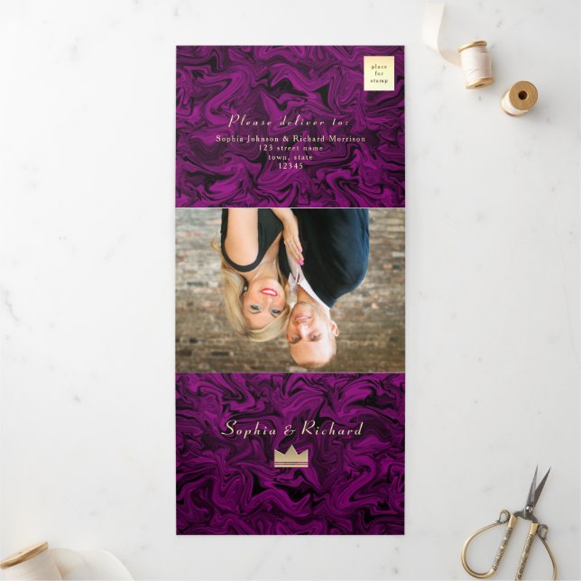 3 in 1 Purple Photo Wedding Tri-Fold Invitation (Outside)