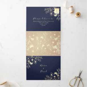 3 in 1 Rose Gold and Navy Wedding Tri-Fold Invitation