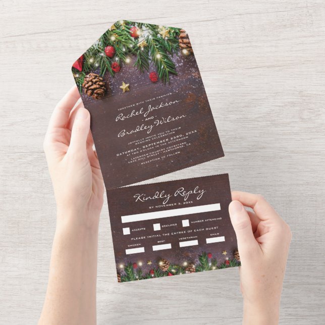 3 in 1 Rustic Christmas Winter Wedding All In One Invitation (Tearaway)
