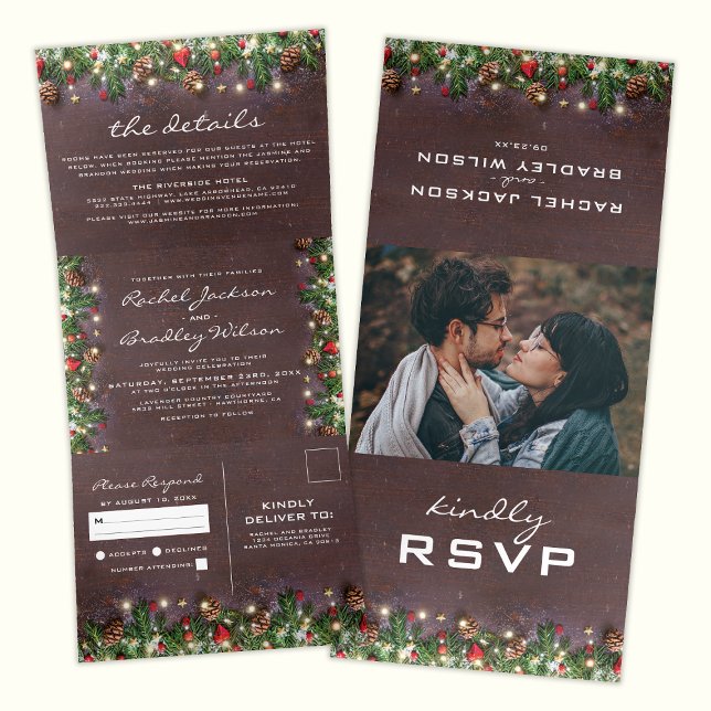 3 in 1 Rustic Christmas Winter Wedding Tri-Fold Invitation (Creator Uploaded)