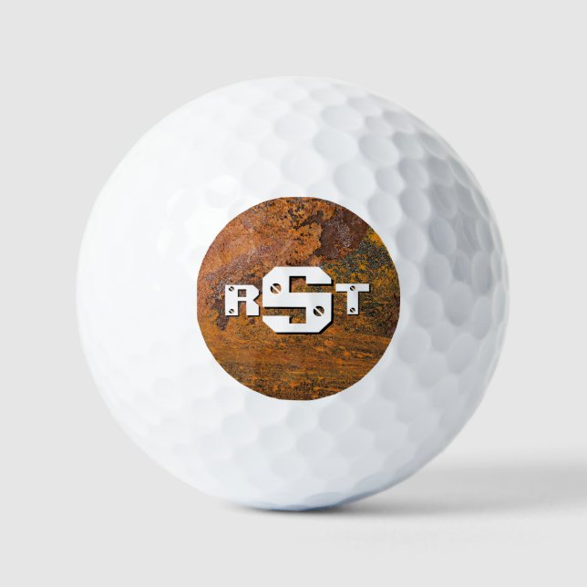 3 Initial Letter Monogram Rusty Steel Plate Look   Golf Balls (Front)