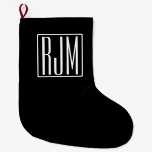 3 Initials Monogram Black & White Large Christmas Stocking