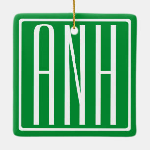 3 Initials Monogram Green & White Ceramic Ornament