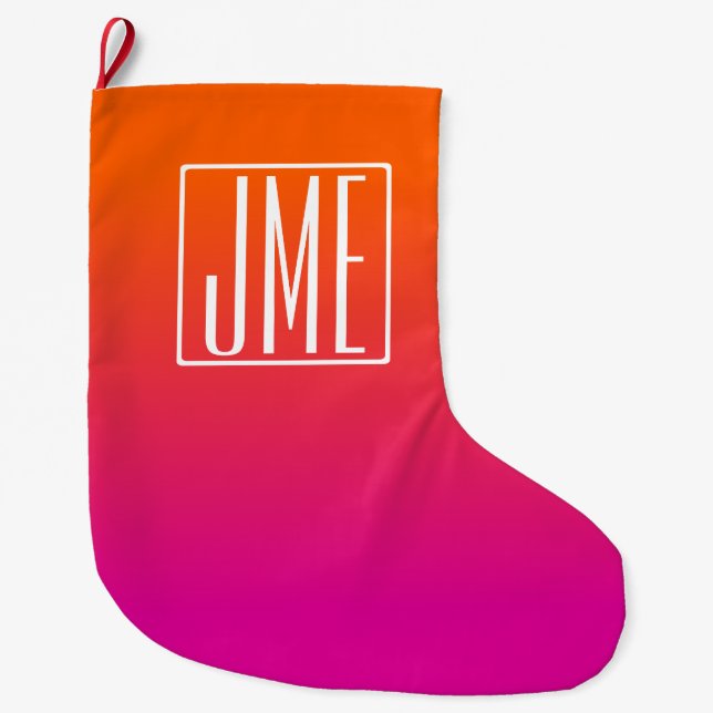 3 Initials Monogram | Orange Pink Gradient Large Christmas Stocking (Front)