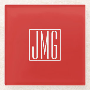 3 Initials Monogram Red & White (or diy colour) Glass Coaster