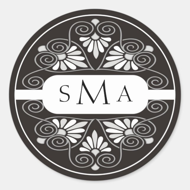 3 Initials Monogram stickers:Black And White Classic Round Sticker (Front)