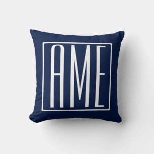 3 Initials Monogram White on Dark Navy Blue Cushion