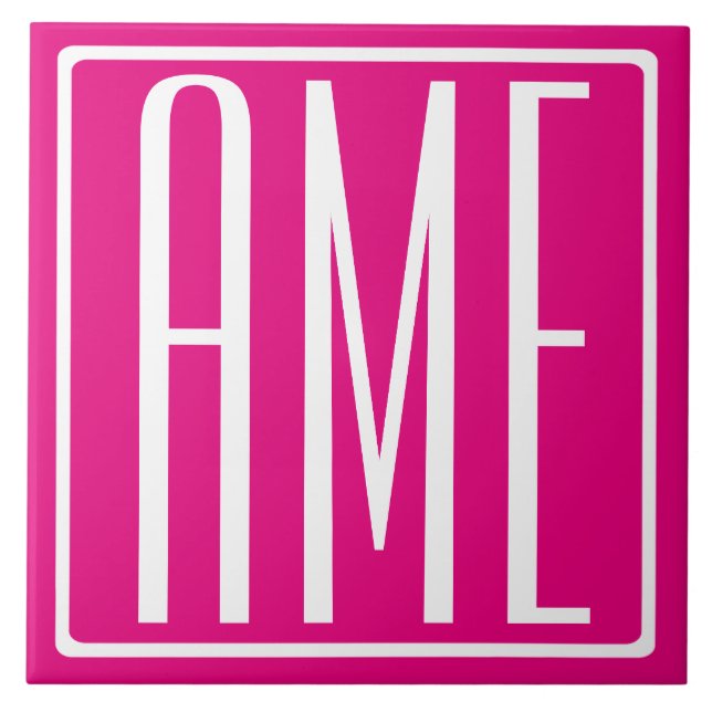 3 Initials Monogram | White On Hot Pink Ceramic Tile (Front)