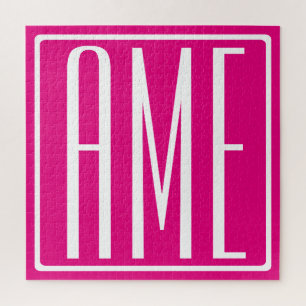 3 Initials Monogram   White On Hot Pink Jigsaw Puzzle