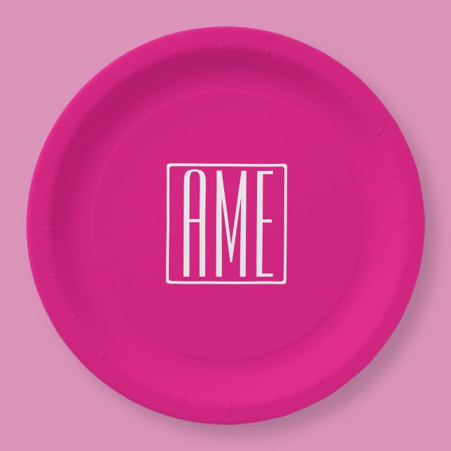 3 Initials Monogram | White On Hot Pink Paper Plate (Creator Uploaded)