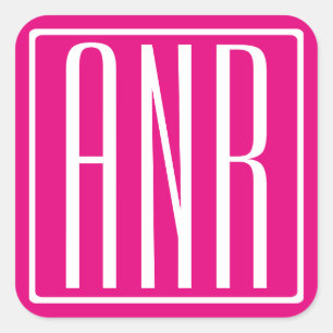3 Initials Monogram   White On Hot Pink Square Sticker