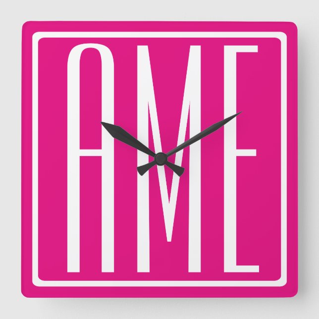 3 Initials Monogram | White On Hot Pink Square Wall Clock (Front)