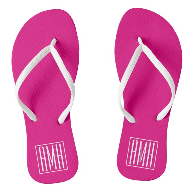 3 Initials Monogram | White On Hot Pink Thongs (Footbed)