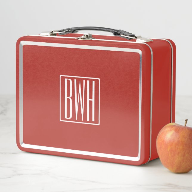 3 Initials Monogram | White/Red Metal Lunch Box (In Situ)