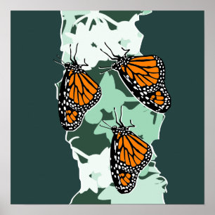 3 Insects Monarch Butterflies Orange & Green Poster