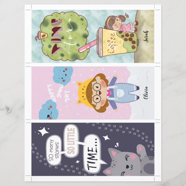 3 Kawaii Illustrated Bookmarks with editable text (Front)