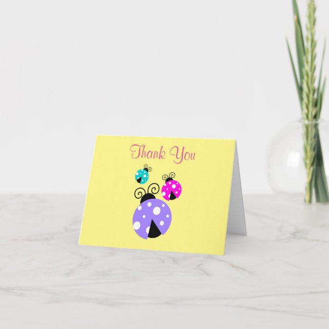 3 Ladybugs in Purple Pink and Blue Thank You Card (Front)