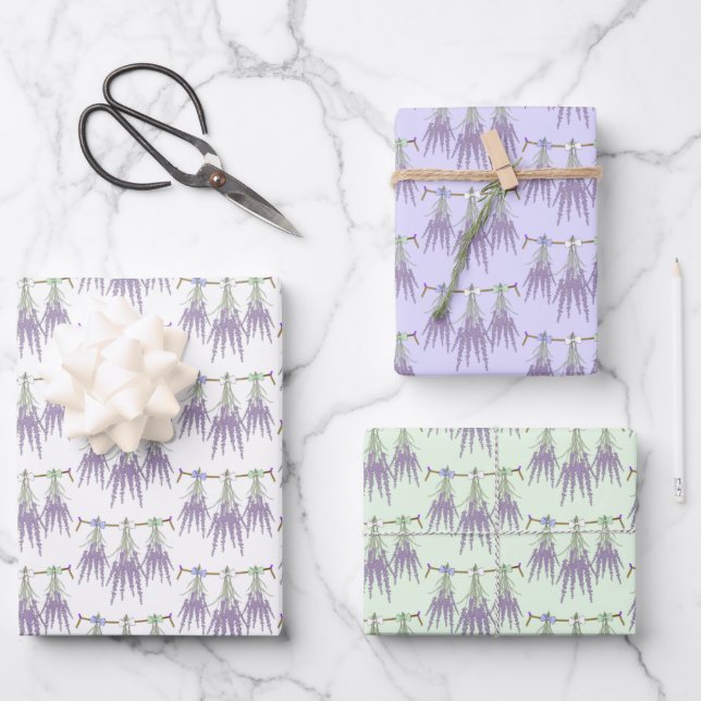 3 Lavender Herb Flower Bundles On A Rope Pattern Wrapping Paper Sheet (Front)