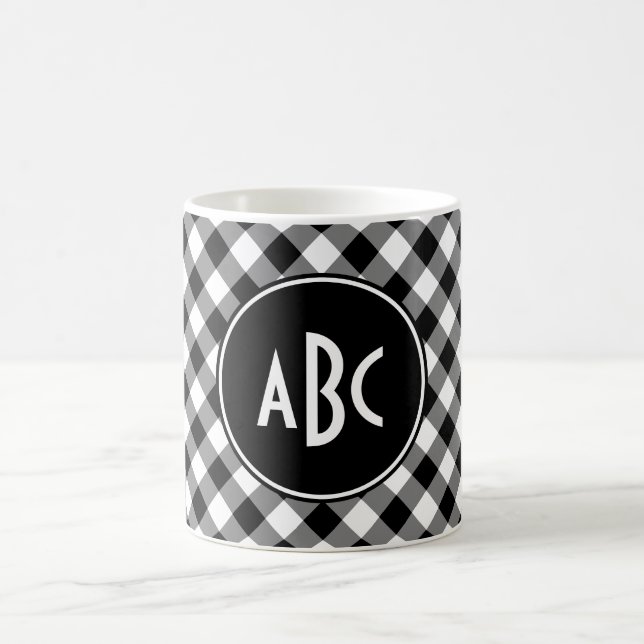 3 Letter Black and White Buffalo Plaid Monogram Coffee Mug (Center)