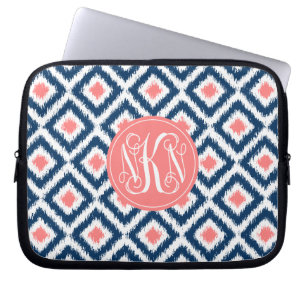 3-Letter Monogram Coral and Blue Ikat Pattern Laptop Sleeve
