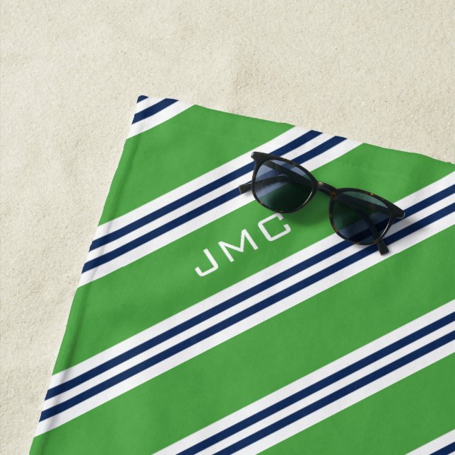 3-Letter Monogram Green and Blue Stripes Beach Towel (In Situ)