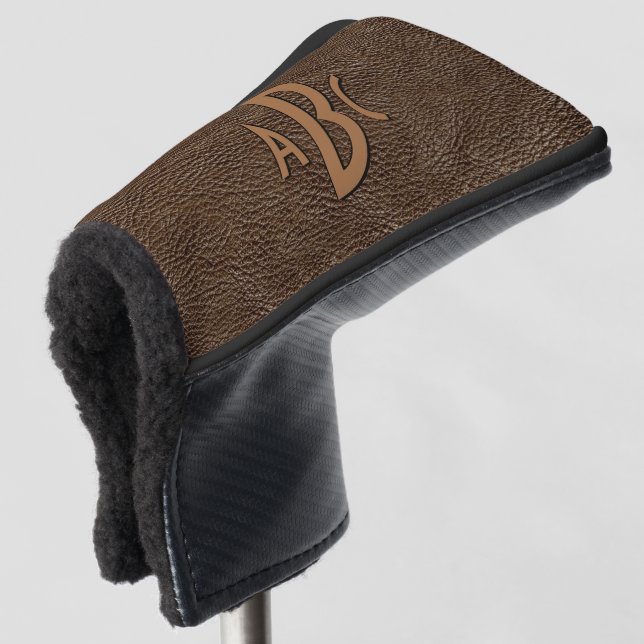 3 Letter Monogram Initial Beige Brown Leather Look Golf Head Cover (3/4 Front)