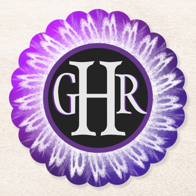3 Letter Monogrammed Metallic Purple White Lace Paper Coaster (Front)