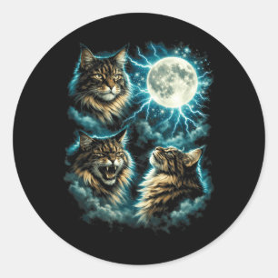 3 Maine Coon Moon Howling Cat Head Funny Graphic Classic Round Sticker