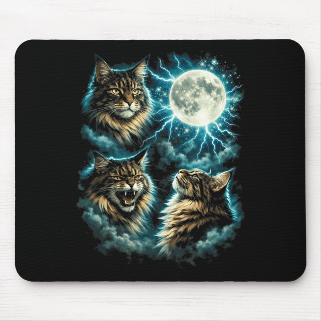 3 Maine Coon Moon Howling Cat Head Funny Graphic Mouse Pad (Front)
