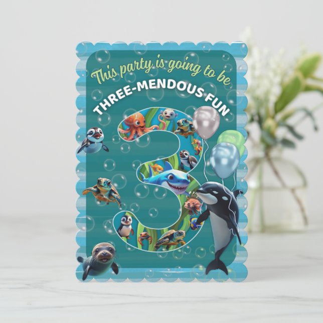 3-Mendous Fun Flat Scalloped Birthday Invitation (Standing Front)
