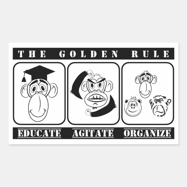 3 monkeys educate agitate organise rectangular sticker (Front)