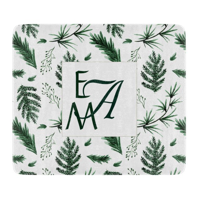 3 Monogram Forest Green Leaves Home Decor Newlywed Cutting Board (Front)