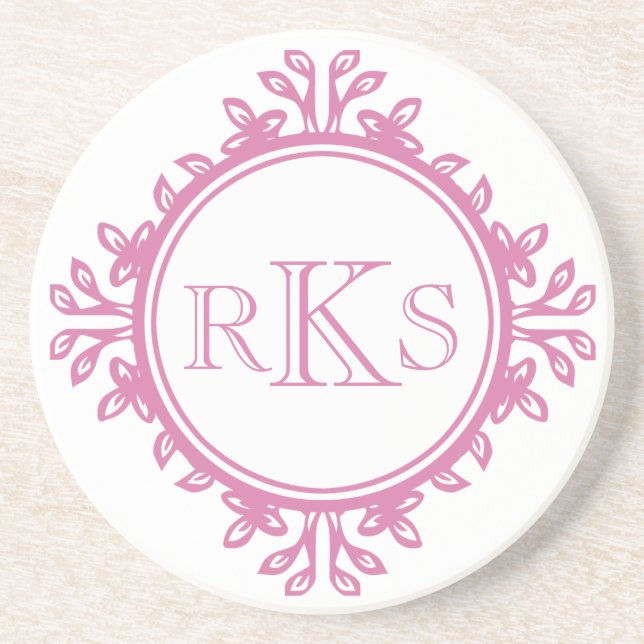 3 monogram royal letter pink white leaf border coaster (Front)