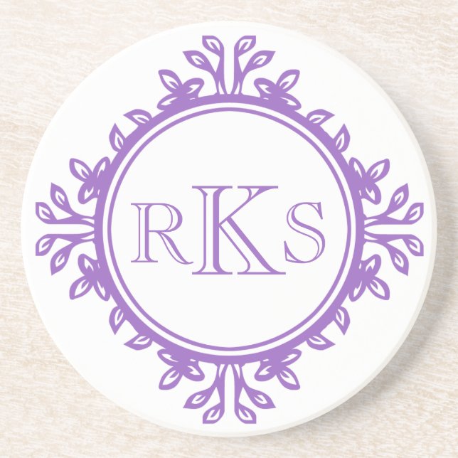 3 monogram royal letter purple violet leaf border coaster (Front)