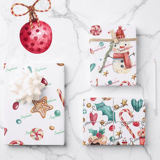 3 Names Cute Christmas Snowman & Sweets Wrapping Paper Sheet (Creator Uploaded)
