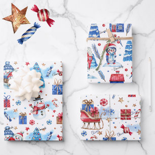 3 Names, Matching Blue Red 19x29, Winter Holiday Wrapping Paper Sheet