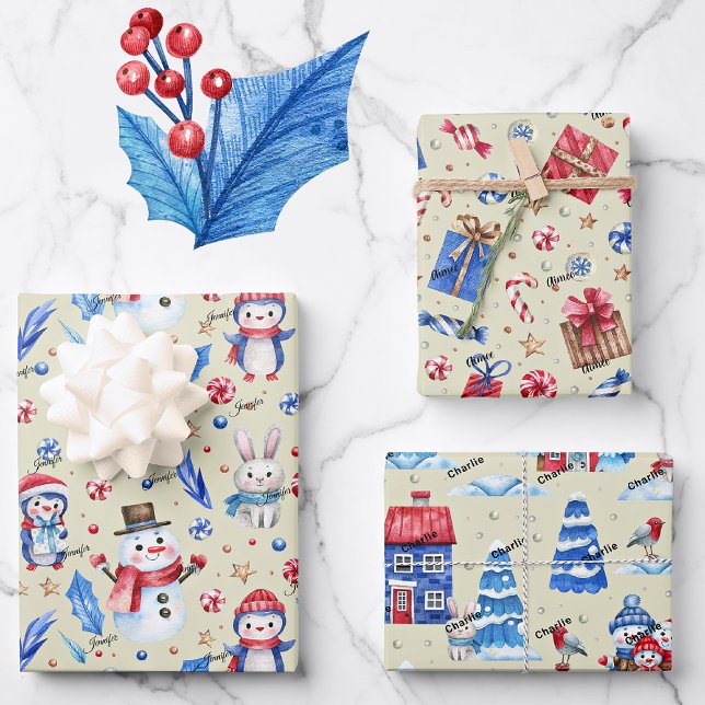 3 Names, Penguins Mice Rabbits Blue Red Holiday Wrapping Paper Sheet (Creator Uploaded)