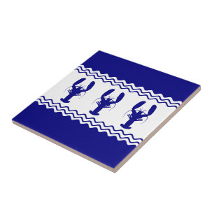 3 Navy Blue And White Coastal Decor Lobsters Ceramic Tile