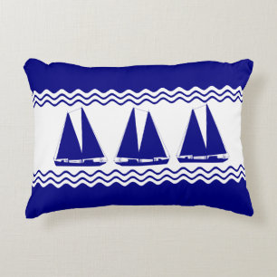 3 Navy Blue And White Coastal Decor Sailboats Decorative Cushion