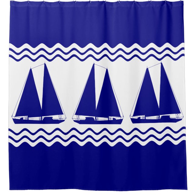 3 Navy Blue And White Coastal Decor Sailboats Shower Curtain (Front)