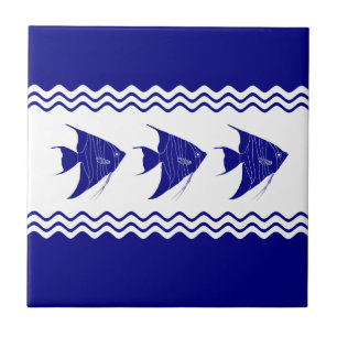 3 Navy Blue And White Coastal Pattern Angelfish Tile