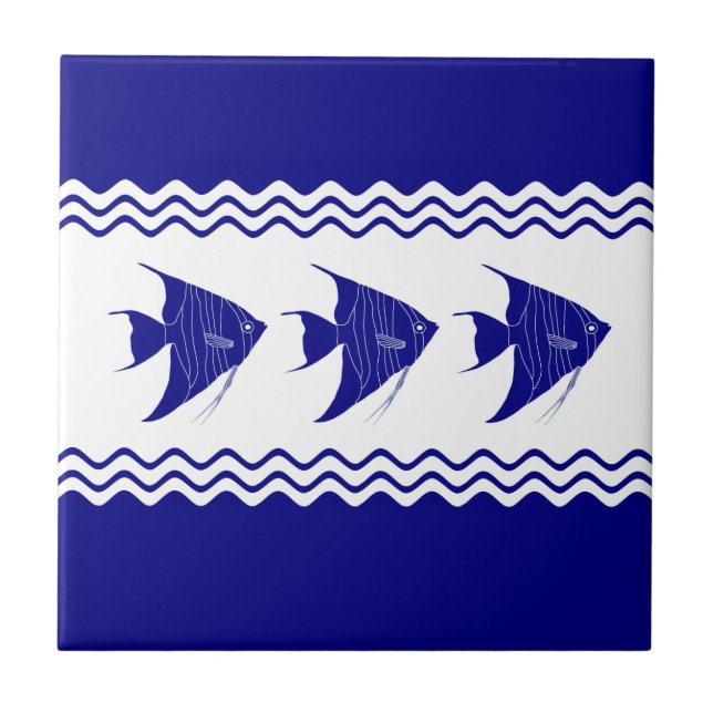 3 Navy Blue And White Coastal Pattern Angelfish Tile (Front)