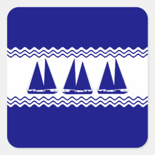 3 Navy Blue And White Coastal Sailboats Square Sticker